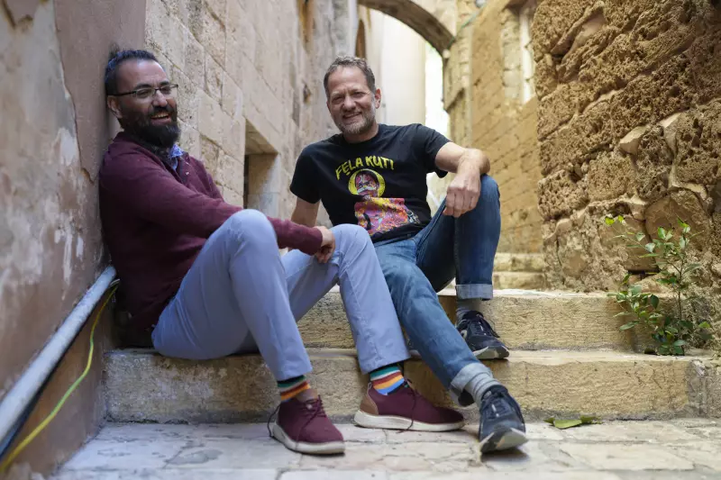 Aziz Abu Sarah and Maoz Inon pose for portraits in Jaffa, Israel on January 11, 2026. 