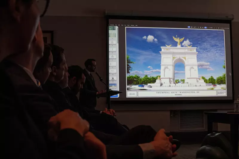 An image of President Donald Trump's proposed triumphal arch is presented at a public meeting of the Commission of Fine Arts in mid-April.