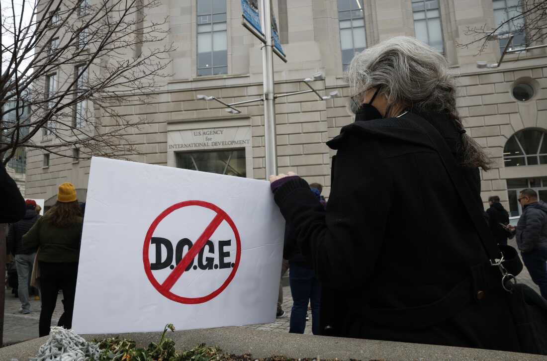 Protesters outside of the U.S. Agency for International Development (USAID) headquarters on Feb. 3, 2025 in Washington, DC. Elon Musk said in a social media post that he and President Trump will shut down the foreign assistance agency.