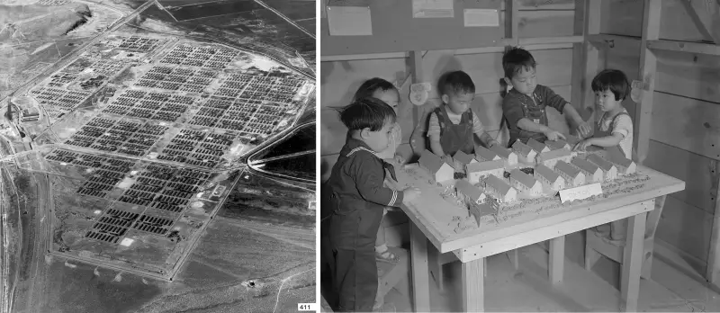 Aerial view of Tule Lake Segregation Center circa 1944-46, and nursery school children with model barracks in 1942.