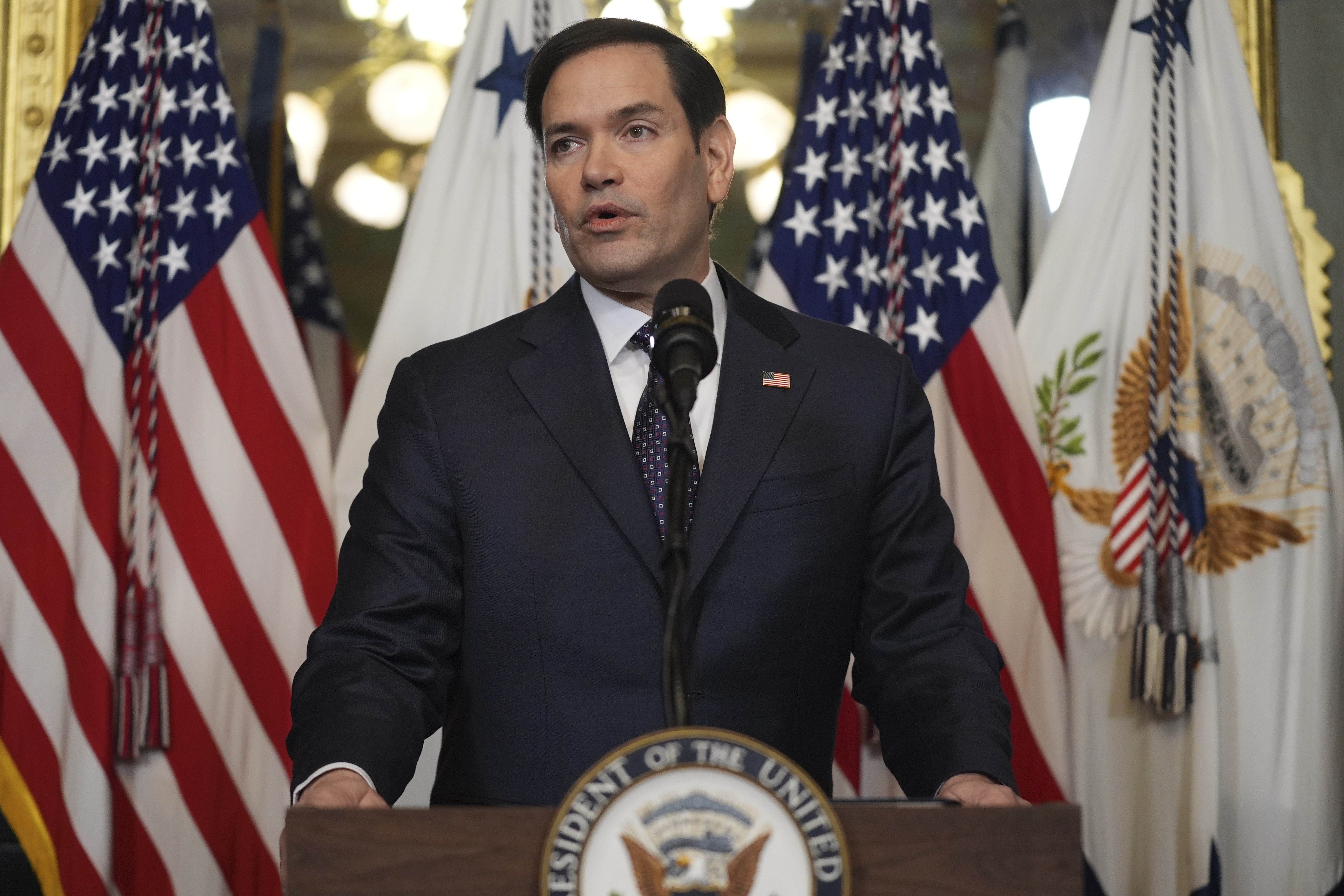 Secretary of State Marco Rubio speaks after being sworn in Tuesday, Jan. 21, 2025, in Washington
