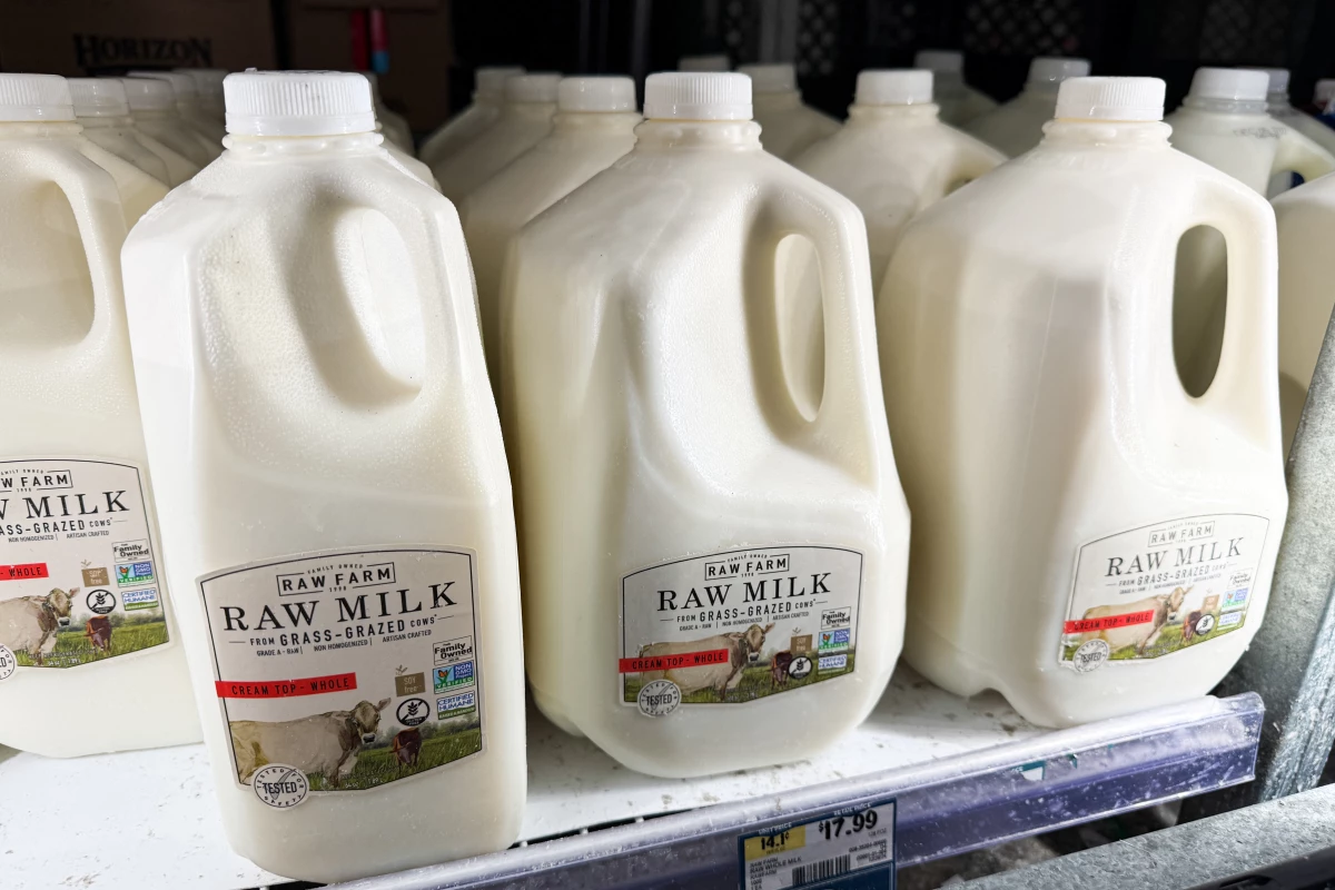 Raw milk from Raw Farm is displayed for sale at a grocery store in Torrance, Calif., on Nov. 29.