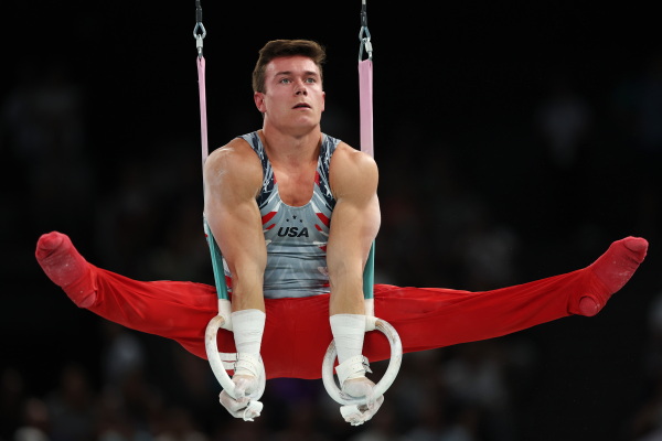 American Brody Malone competes on the rings at Bercy Arena at the Paris Summer Olympics.