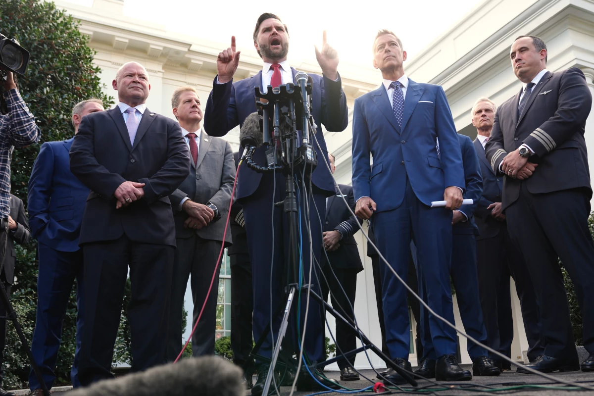 Vice President JD Vance speaks to the media alongside Sean O'Brien, President of the International Brotherhood of Teamsters, from left, Chris Sununu, president & CEO of Airlines for America, and Transportation Secretary Sean Duffy, and aviation industry representatives, about the impact of the government shutdown on the aviation industry, outside of the West Wing of the White House, Thursday, Oct. 30, 2025, in Washington.