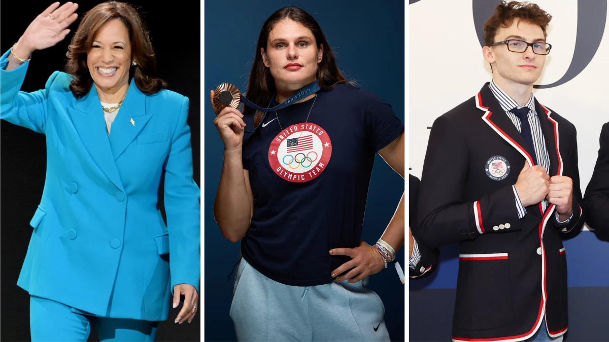 From left: a person with no medals, two people with medals