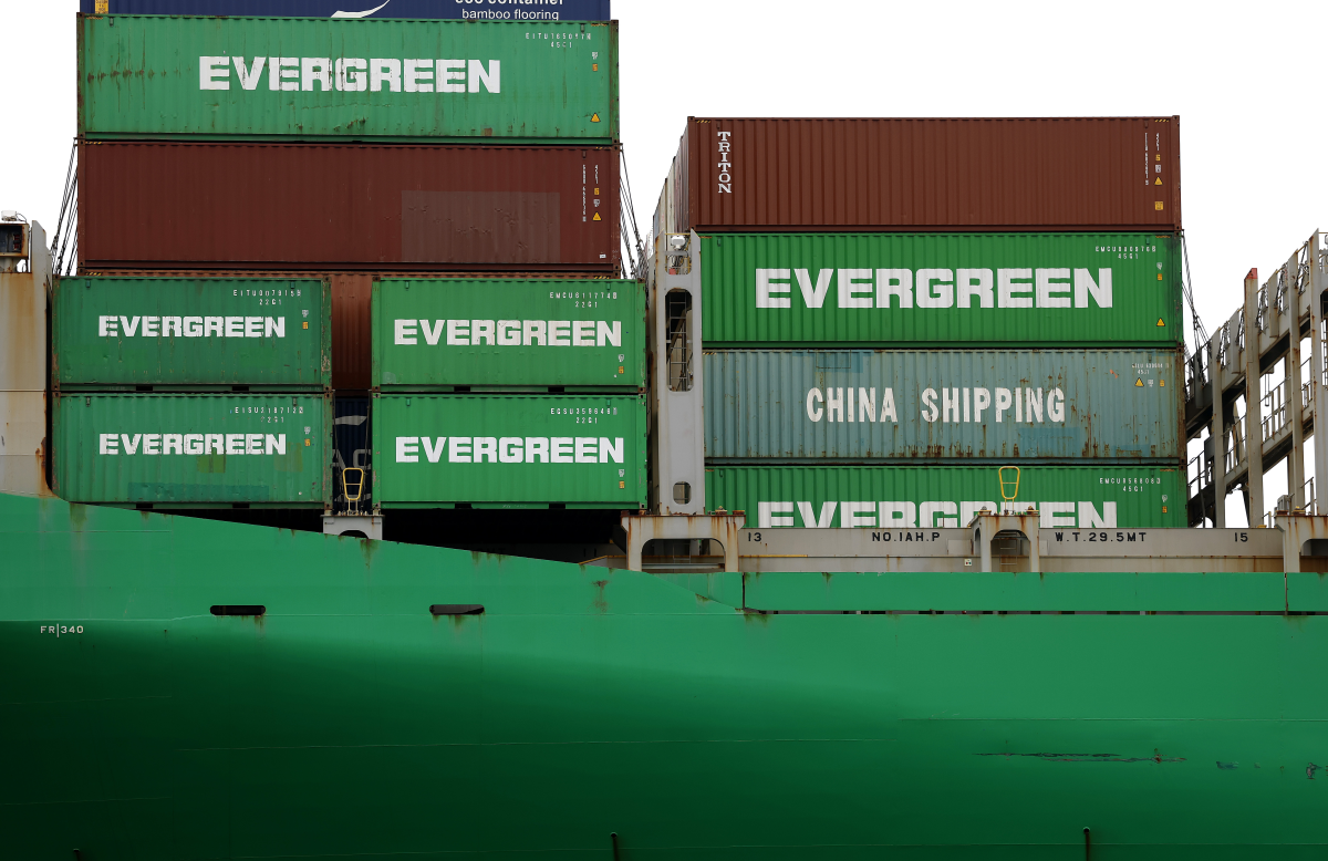 Shipping containers are stacked on a container ship docked at the Port of Los Angeles in California on May 6.