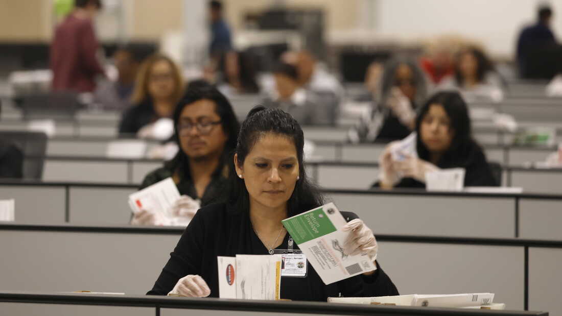 Election workers process ballots for the California state primary at the Los Angeles County Ballot Processing Center on June 5. California's relatively slow vote count has put "a big target on its back,” as one election expert told NPR.
