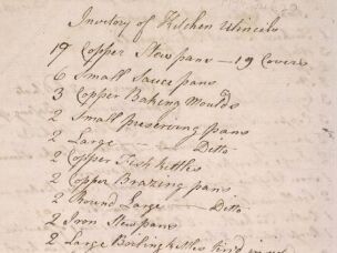 A handwritten inventory of Thomas Jefferson's kitchen utensils at his Monticello estate written by James Hemings, who was enslaved and trained as a French chef.
