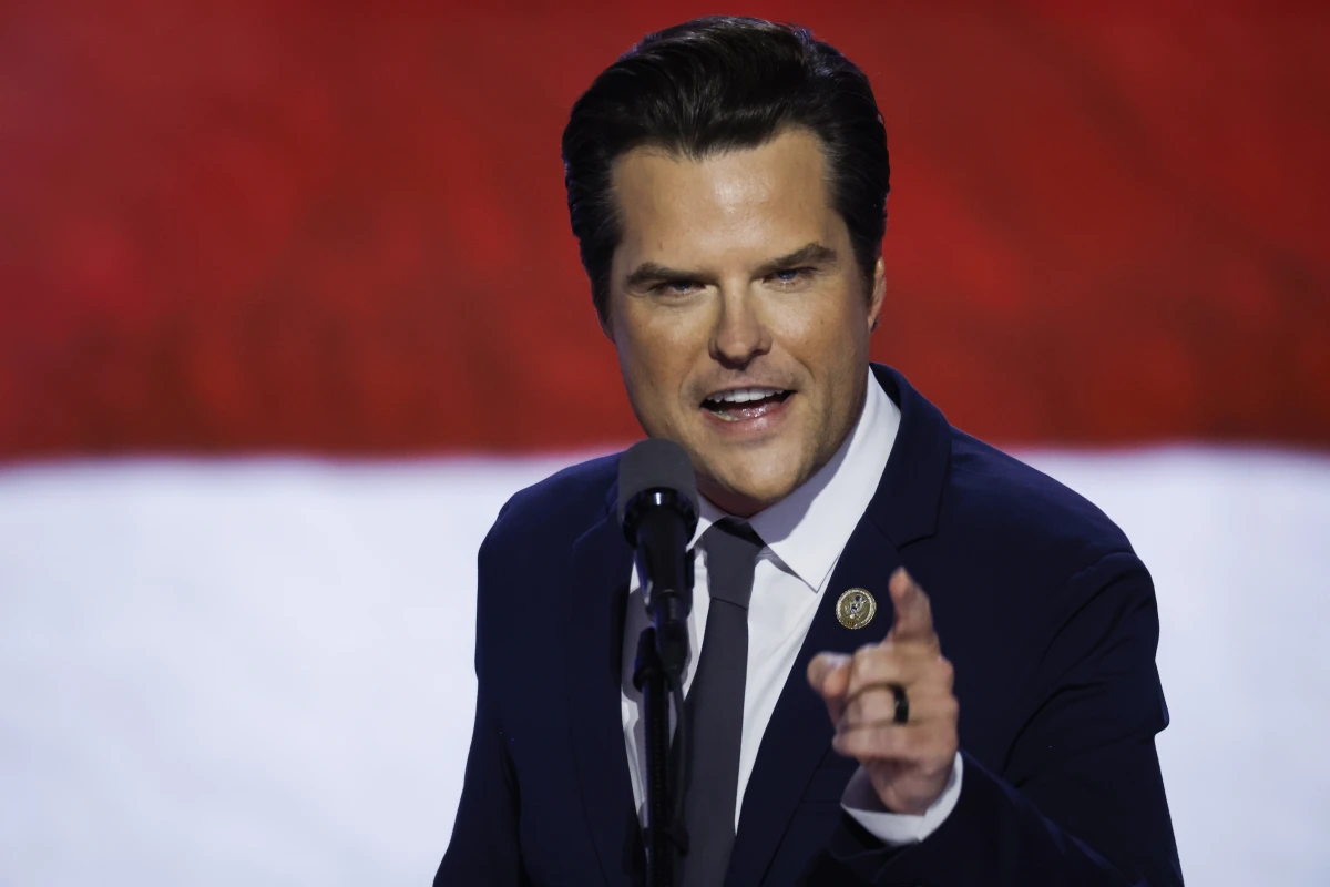 Rep. Matt Gaetz, R-Fla., walks on stage on the third day of the Republican National Convention in Milwaukee on July 17.
