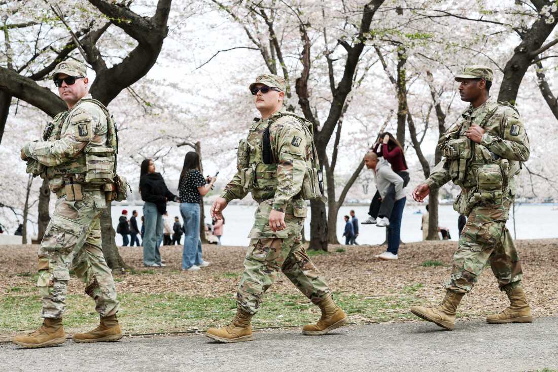 Members of the National Guard patrol the Tidal Basin as tourists visit the Cherry Blossoms on March 30, 2026 in Washington, DC.
