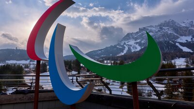 The Paralympic logo, the Agitos, is seen in Cortina d'Ampezzo, Italy.