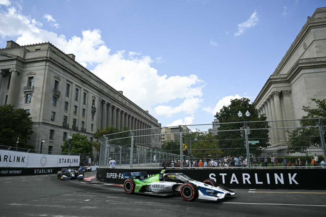 Brazilian driver #4 Caio Collet races during the IndyCar Freedom 250 Grand Prix.