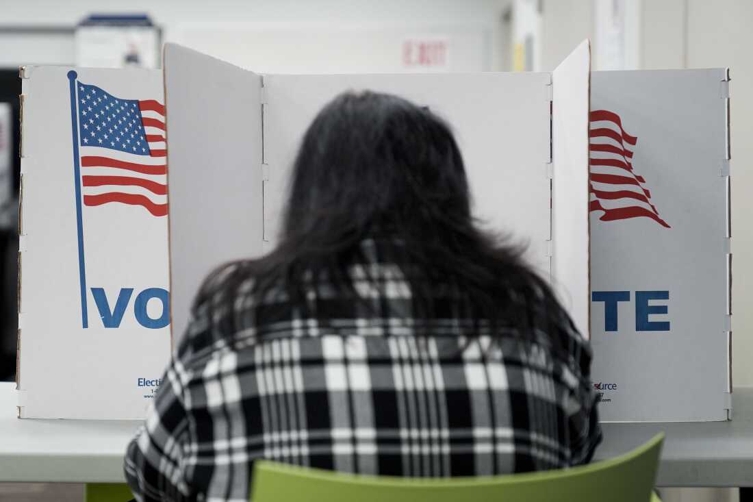 A person marks their ballot at a polling place in Falls Church, Va., during early voting for the 2024 election.