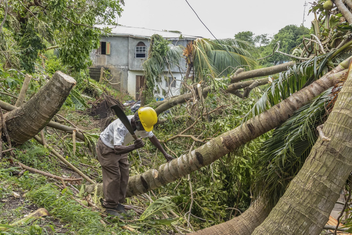 Pastor Winston Alleyne clears trees felled by Hurricane Beryl in Ottley Hall, St. Vincent and the Grenadines, Tuesday, July 2, 2024.