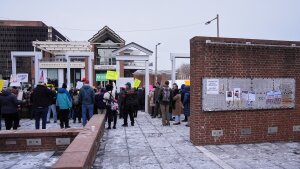 Demonstrators gather to protest removal of explanatory panels that were part of an exhibit on slavery at the President's House Site in Philadelphia, Feb. 10, 2026.