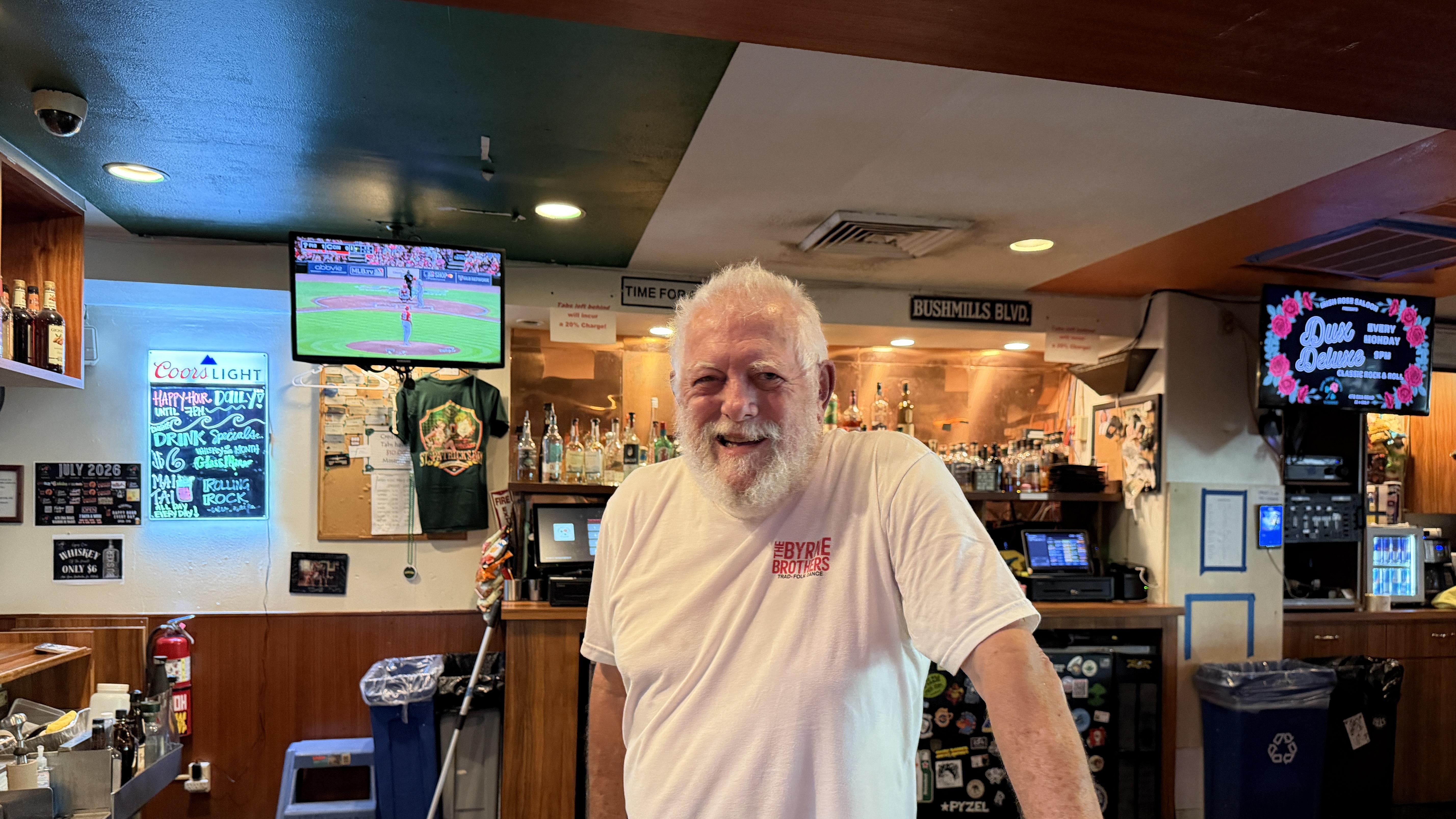 Local bar owner Bill Comerford stands in the Irish Rose Saloon near Waikīkī. (July 20, 2026)