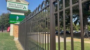 Delta State University sign on the campus grounds, Wednesday, Sept. 17, 2025 in Cleveland, Miss.