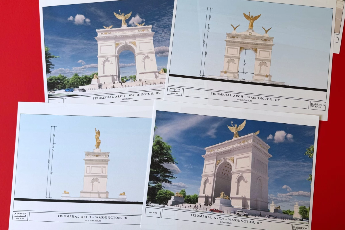Artist renderings and diagrams for President Trump's proposed triumphal arch released by the U.S. Commission of Fine Arts on April 10, 2026.