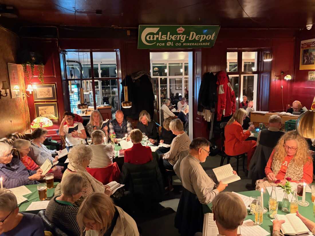At a campaign event for Danish social democratic member of Parliament Ida Auken, Copenhagen residents sing from the “high school songbook,” a 19th century collection of national hymns that connect Danes to their culture and singing tradition.