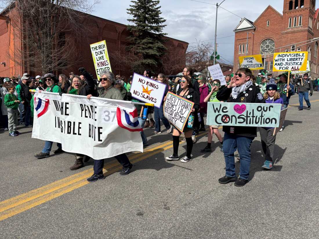 A political group marches in the St. Patrick's Day parade in Butte, Montana, March 17 2026