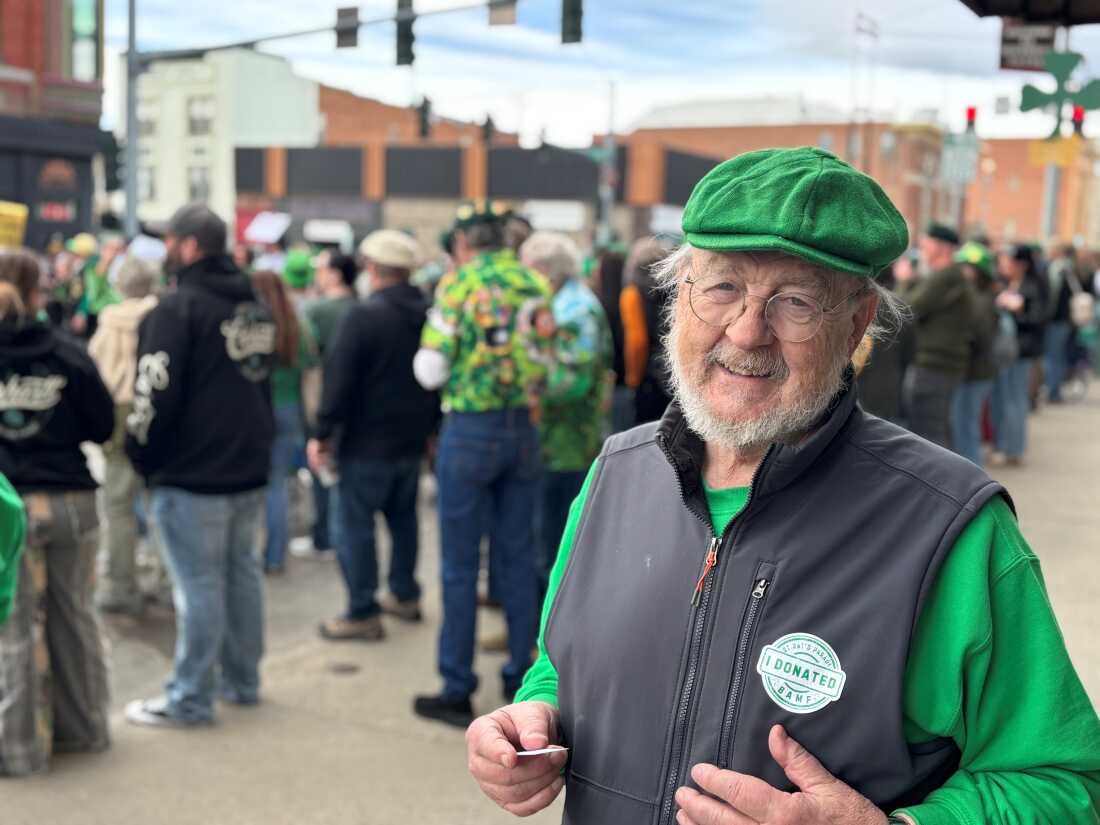 Longtime Montana Democratic party activist Evan Barrett at the St. Patrick's Day parade in Butte, Montana, March 17 2026