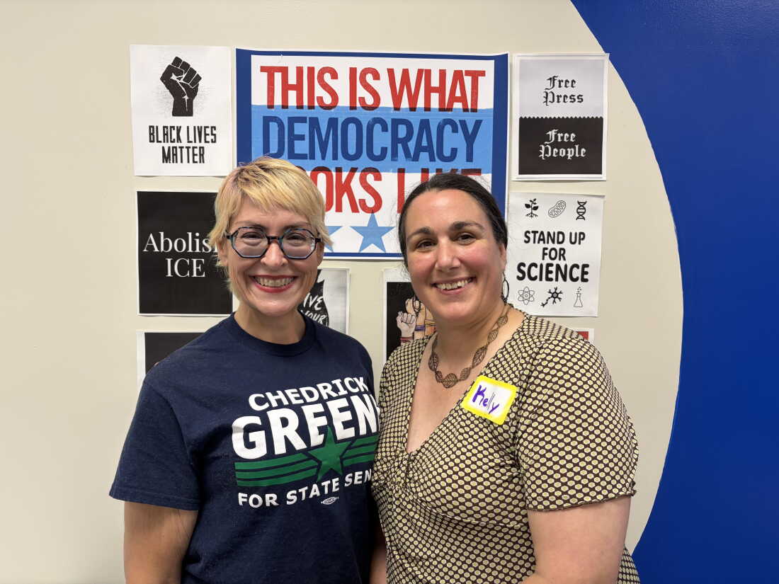 Midland County Democrats co-chairs Lara Bell Phillips and Kelly Taylor participated in a rally for Sen. Elissa Slotkin, D-Mich., in August.