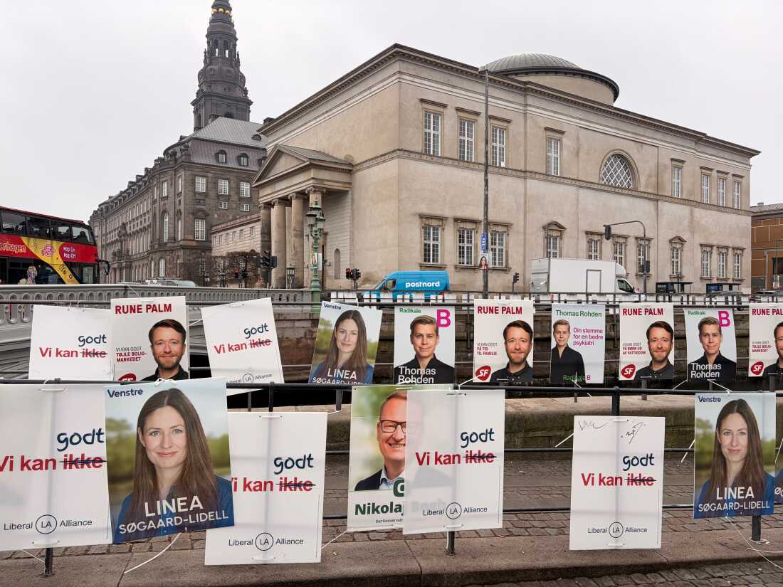 Parliamentary election campaign posters line the streets leading up to the Parliament building in Copenhagen, Denmark.
