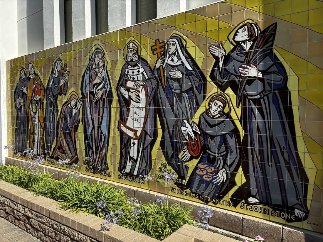 A mosaic of Augustinian saints, shown here outside the church of Our Mother of Good Counsel in Los Angeles, reflects the order's spiritual lineage.