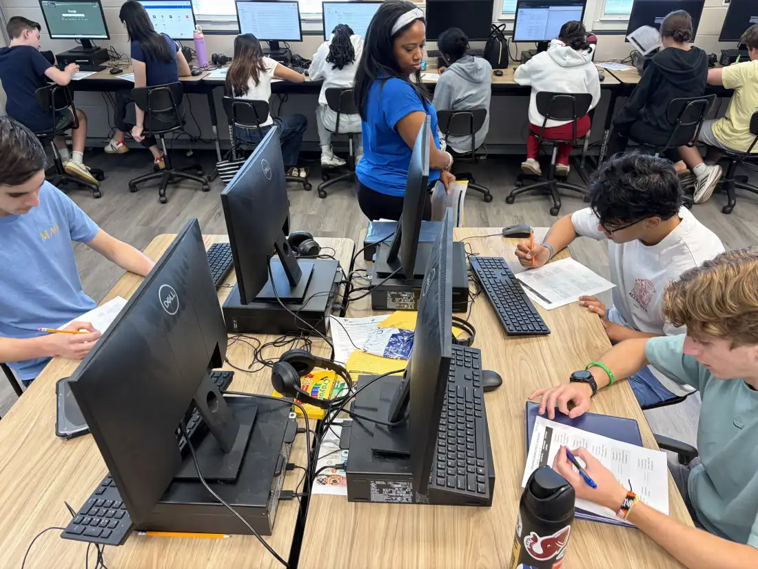 Teacher Gerri Kimble monitors her AP Business with Personal Finance class as the work on an assignment about the outside factors that affect people’s and businesses’ bottom line at Hoover High School on October 6, 2026.