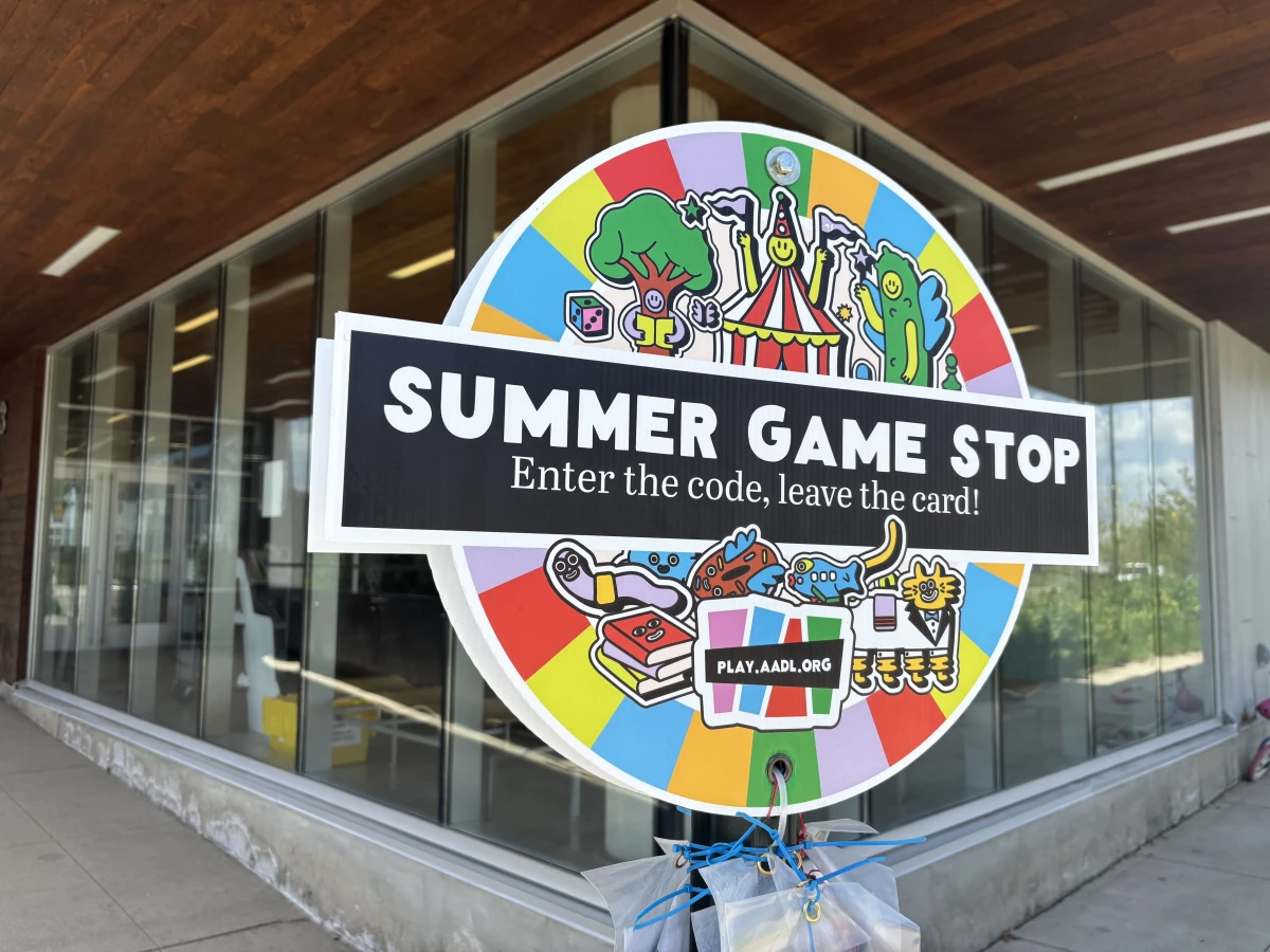 A Summer Game kiosk outside the Traverwood branch of the Ann Arbor District Library