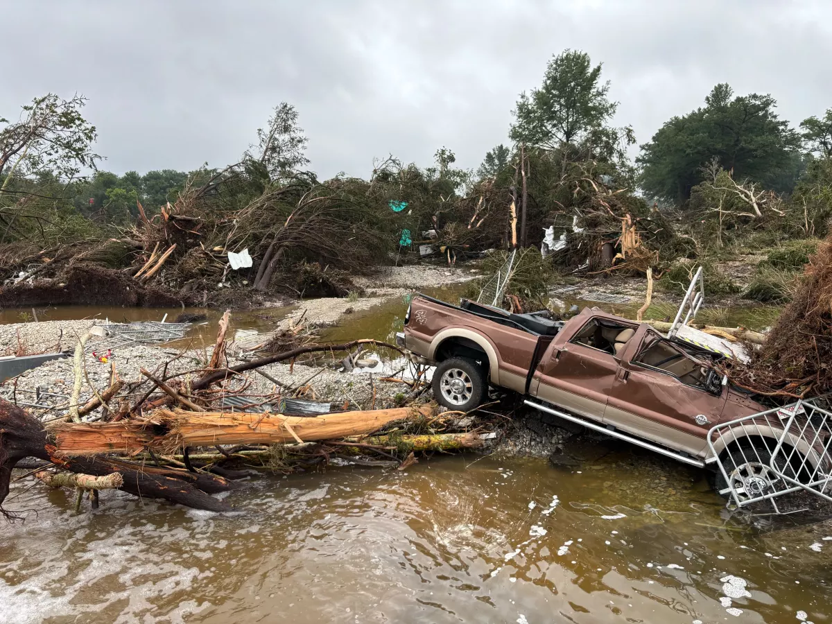 Debris and damage is seen at Kerrville River Park near the Guadalupe River in Kerrville, Texas, on Saturday after historic flooding killed dozens of people in the area and left dozens more missing.