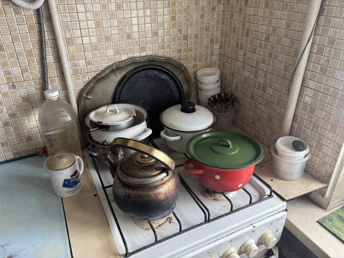 Thomashevska's kitchen in her building in Kyiv.