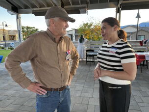 Teresa Benitez-Thompson (right), the Democratic nominee in Nevada's 2nd Congressional District, attends a candidate open house put on by Moderates for Democracy, in Reno on Sept. 28.
