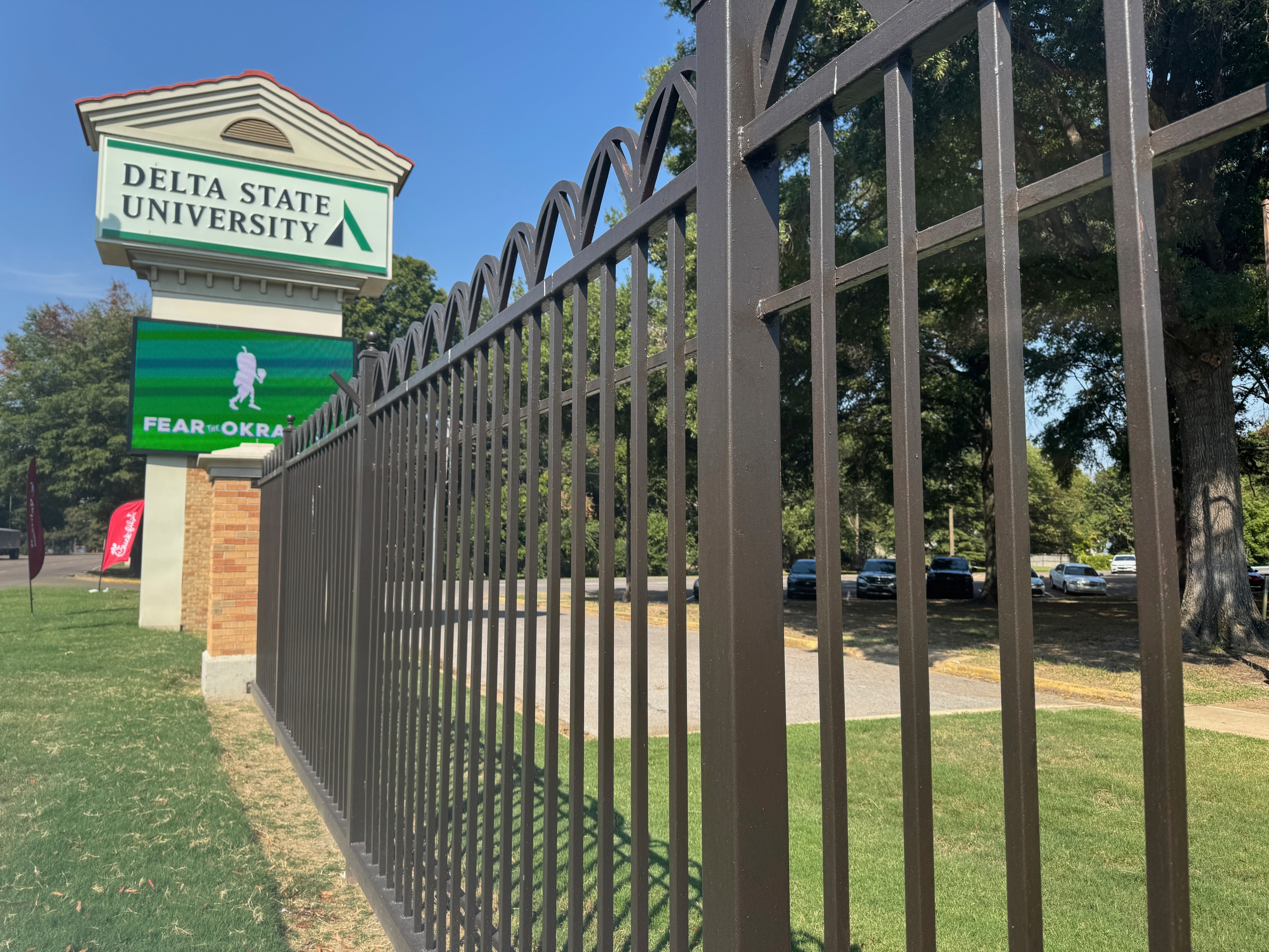 Delta State University sign on the campus grounds, Wednesday, Sept. 17, 2025 in Cleveland, Miss.