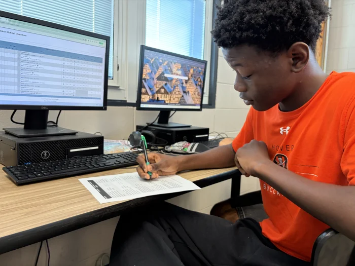 Sophomore Damola Kukoyi fills out a worksheet in his AP Business with Personal Finance class at Hoover High School on October 6, 2026.