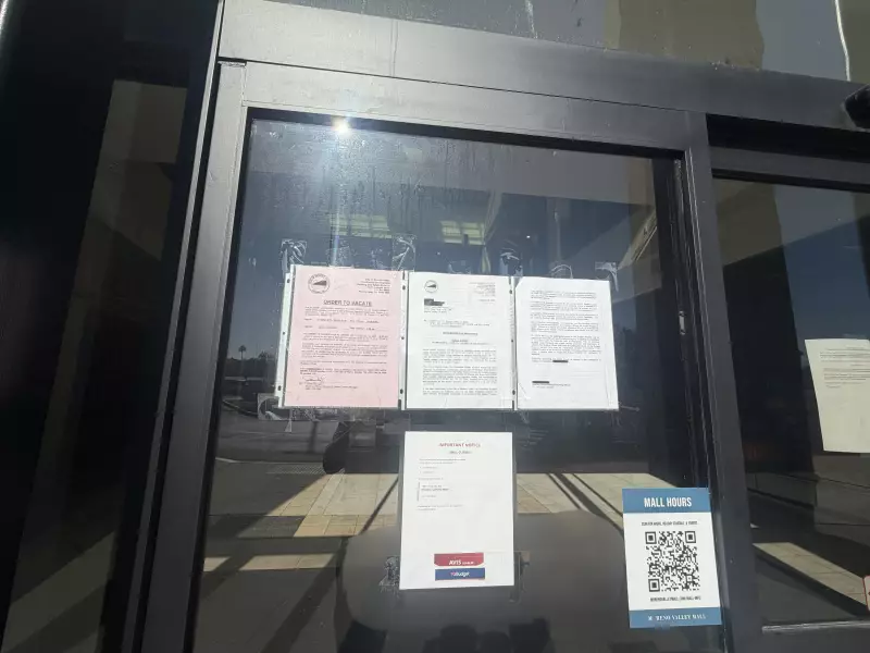 The City of Moreno Valley's 'Order to Vacate' for the mall was still up on its entrance doors on Wednesday morning. Some residents tried to enter the mall, but it was still closed.
