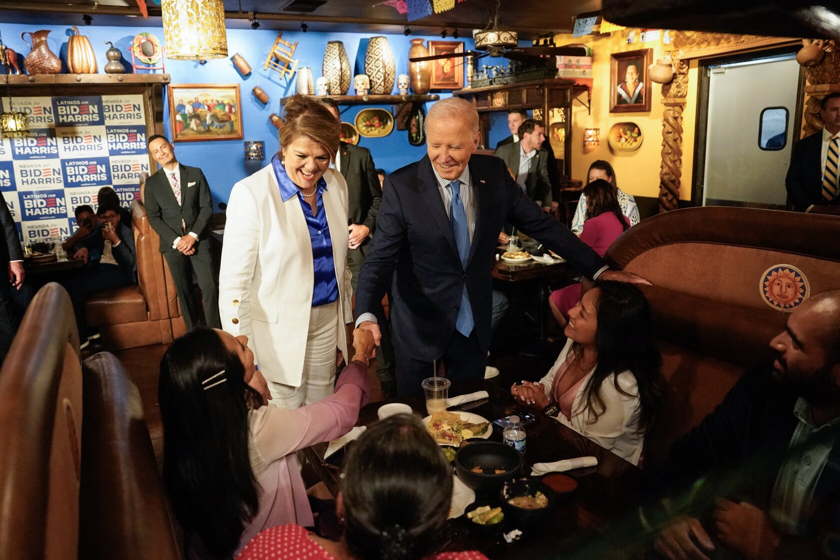 President Biden campaigns in Lindo Michoacan restaurant in Las Vegas on July 17, 2024. Shortly afterward, he tested positive for COVID. (Photo by Kent Nishimura / AFP) (Photo by KENT NISHIMURA/AFP via Getty Images)