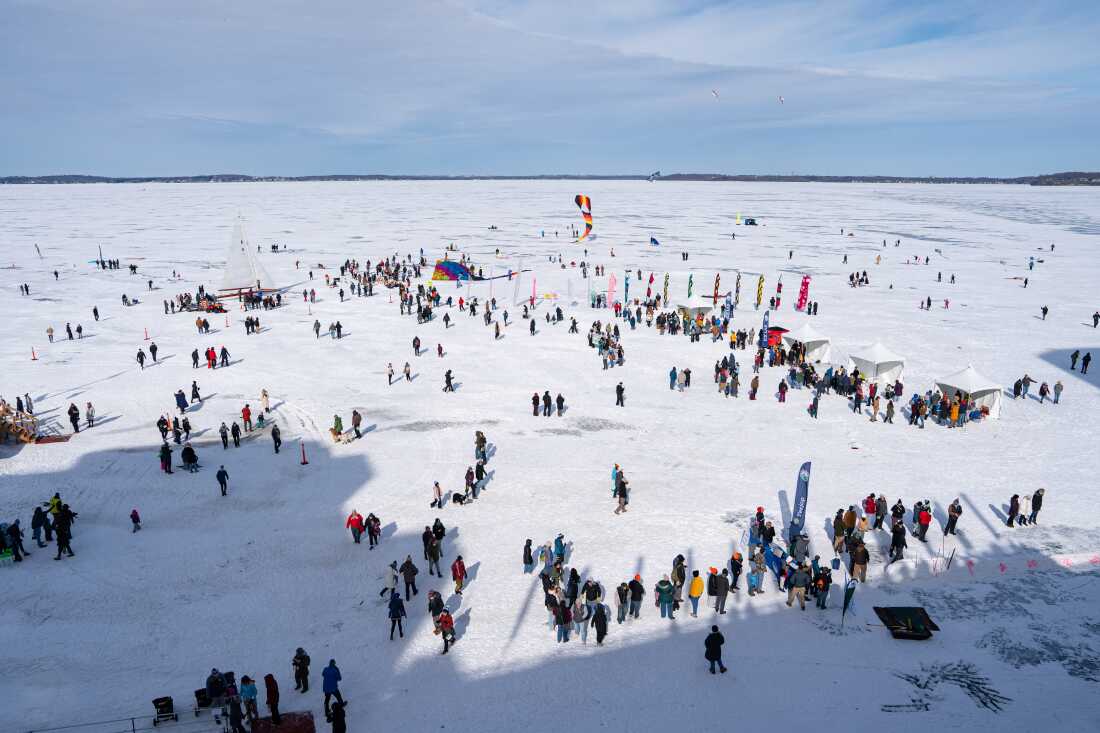 People gather on Lake Mendota during the Frozen Assets Festival on Saturday, Feb. 7, 2026, in Madison, Wisconsin. Photo by Kayla Wolf