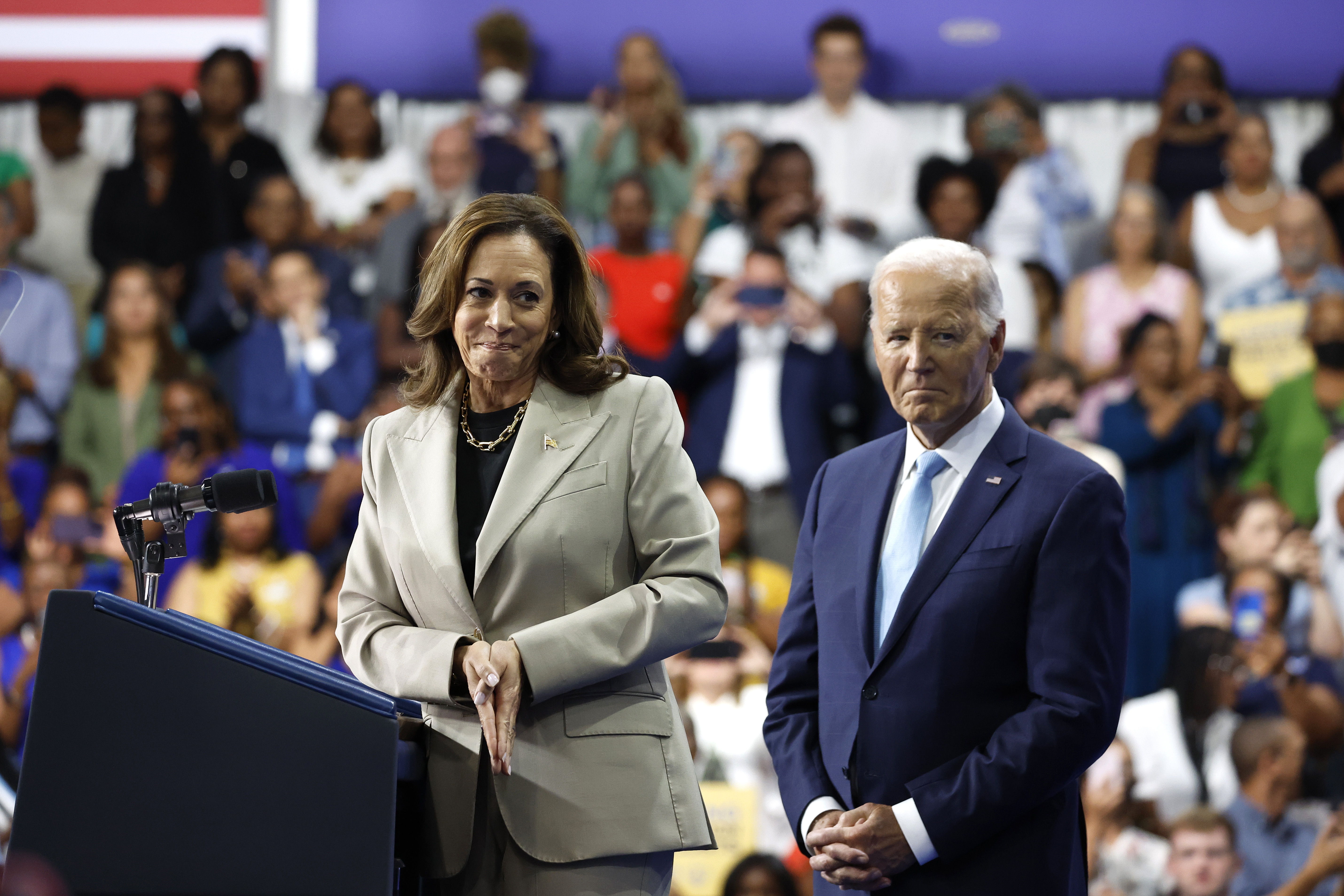 Vice President Harris speaks about prescription drug prices with President Biden on Aug. 15, 2024 in Largo, Md.