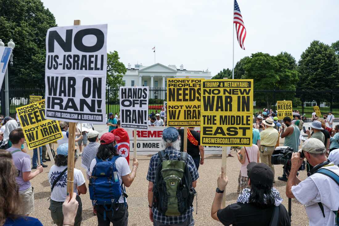 Demonstrators gather outside the White House on Sunday for a rally opposing the U.S. strikes on Iran nuclear sites.