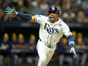 Tampa Bay Rays' Chandler Simpson celebrates during the 12th inning of Game 4 of baseball's World Series, Wednesday, Oct. 28, 2026, in St. Petersburg, Fla., between the Milwaukee Brewers and the Tampa Bay Rays.
