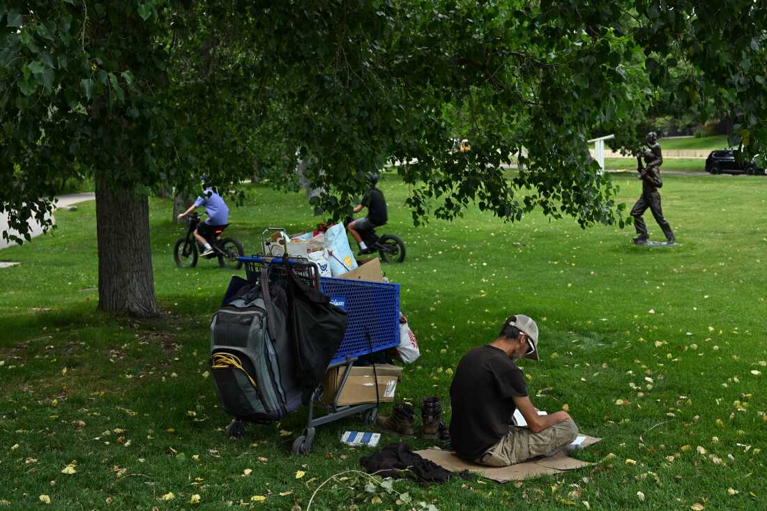 A man who identifies as homeless reads a book under the shade of a tree during high 90-degree temperatures last month in Boulder, Colo.