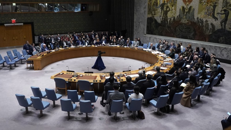The UN Security Council votes, Monday, Feb. 24, 2025, at the United Nations headquarters.