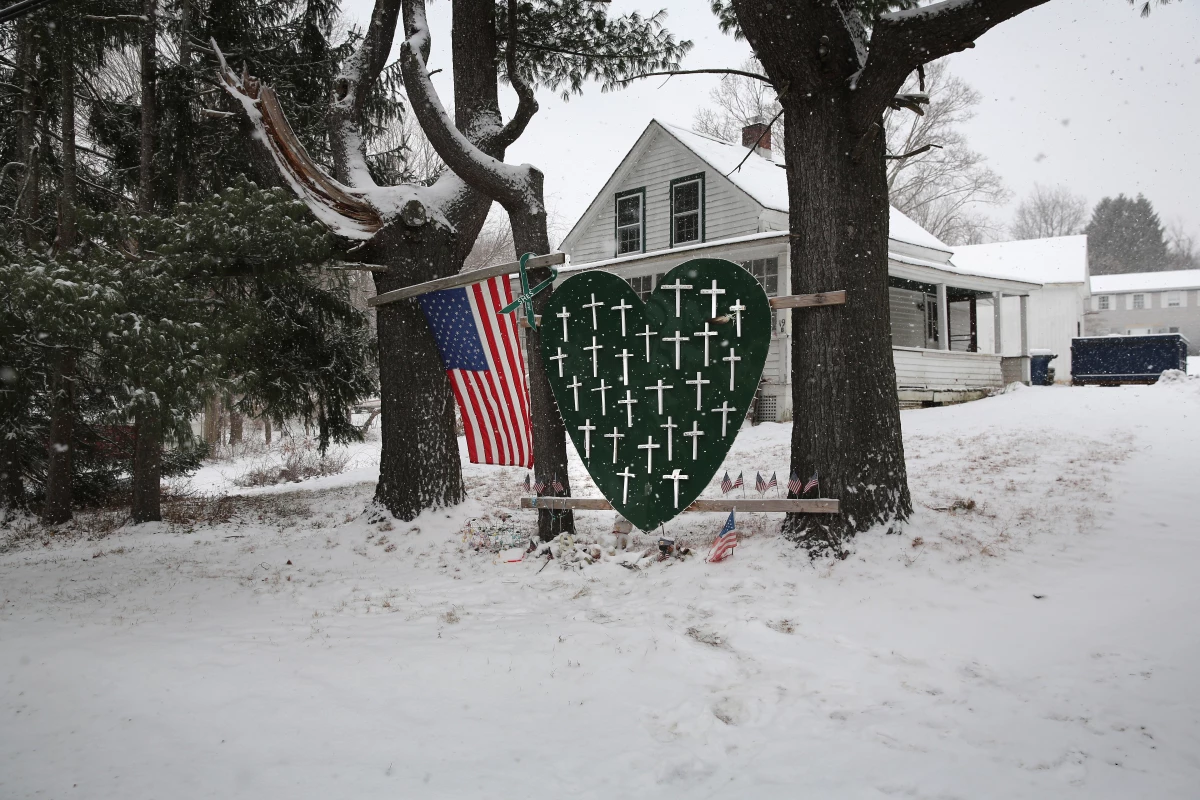 A memorial to massacre victims stands near the former site of Sandy Hook Elementary on Dec. 14, 2013 in Newtown, Connecticut, one year after  Adam Lanza shot and killed 20 first graders and six adults at the school.