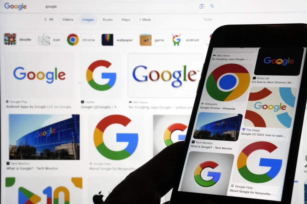 This photo, in New York, taken Sept. 11, 2023, shows various Google logos when searched on Google.