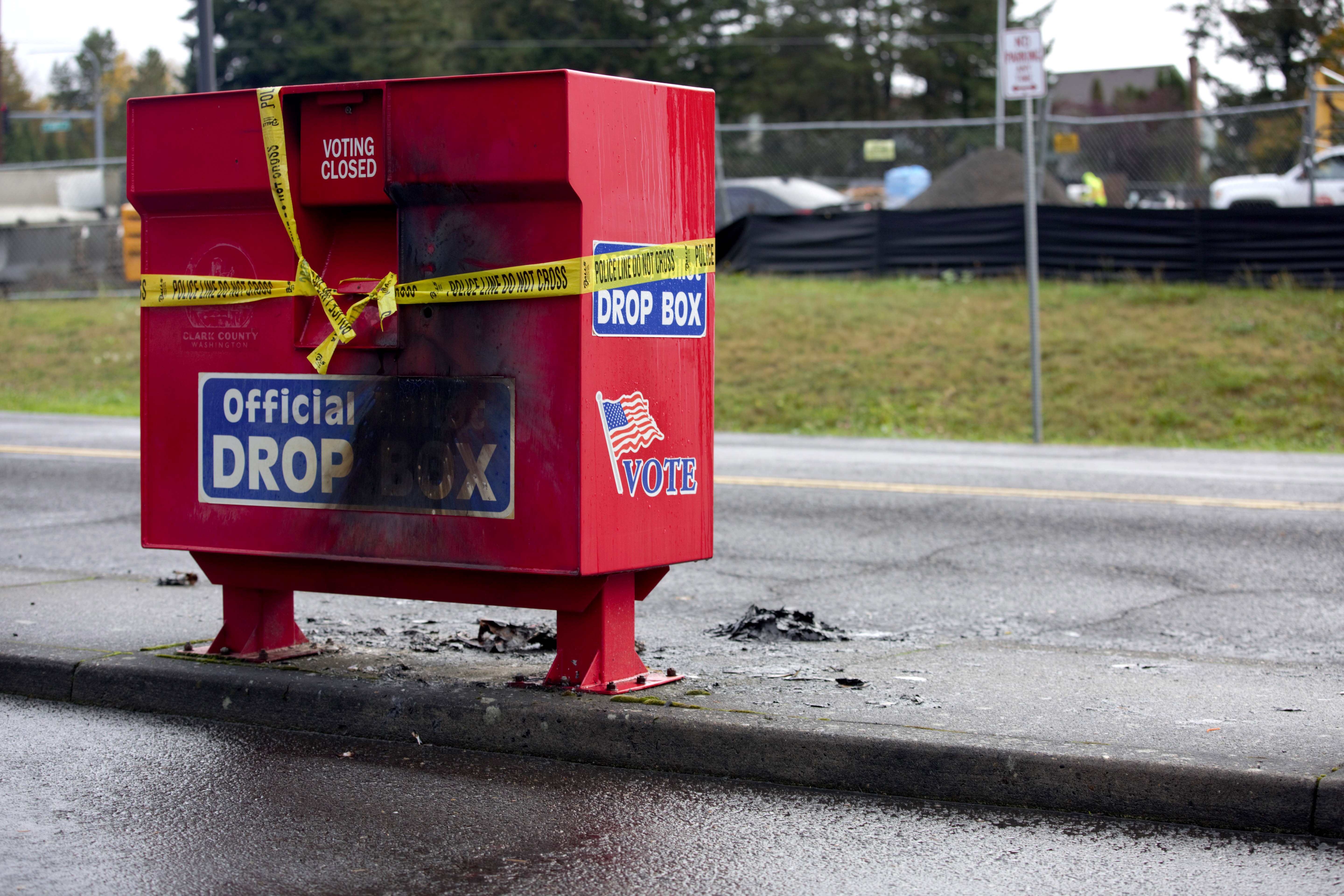 A ballot drop box in in Vancouver, Wash., was set ablaze early Monday morning, destroying hundreds of ballots. (OPB)