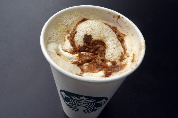 A pumpkin spice latte drink rests on a table at a Starbucks in New York on Aug. 24, 2023.