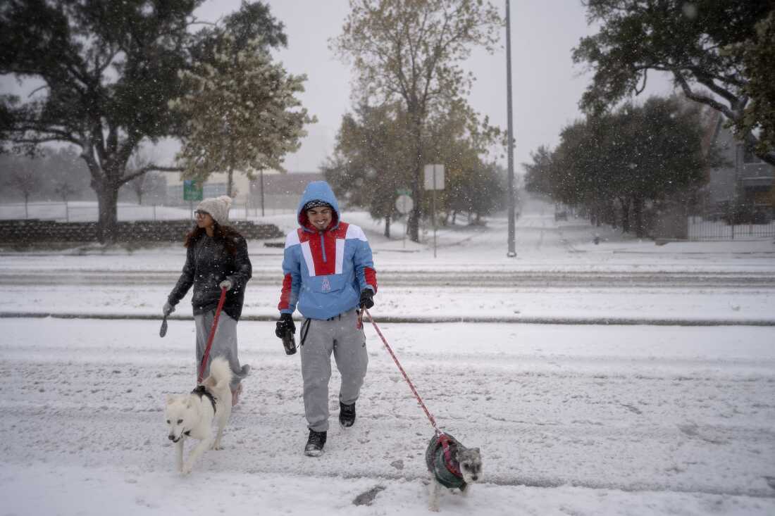Houston, Texas: Jackie Hernandez, left, and Jakob Patino, right, walk their dogs near downtown as winter storm Enzo brings heavy bands of snow and sleet.