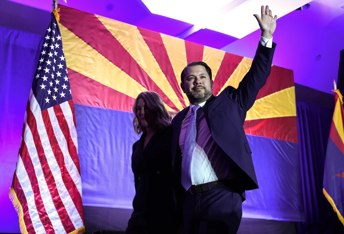Ruben Gallego walks offstage after speaking at an Arizona Democratic election night watch party on November 5, 2024 in Phoenix.