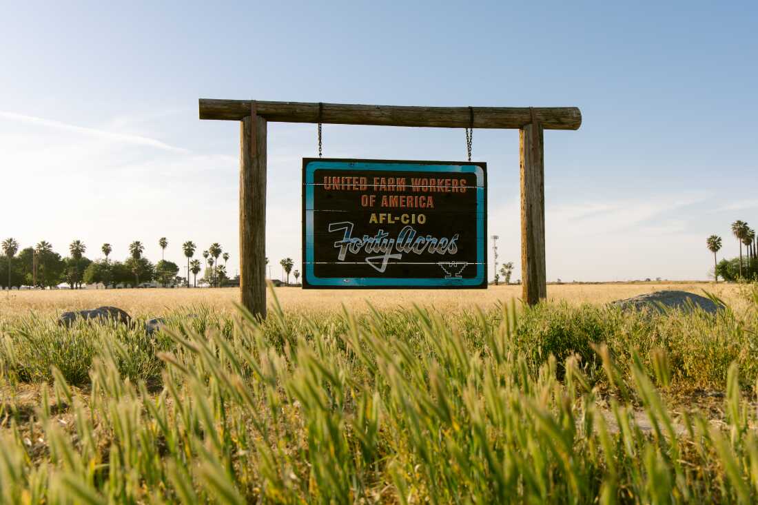 Signage outside of The Forty Acres, the first headquarters for the United Farm Workers of America, founded by Cesar Chavez in Delano, Calif., on March 29, 2026.